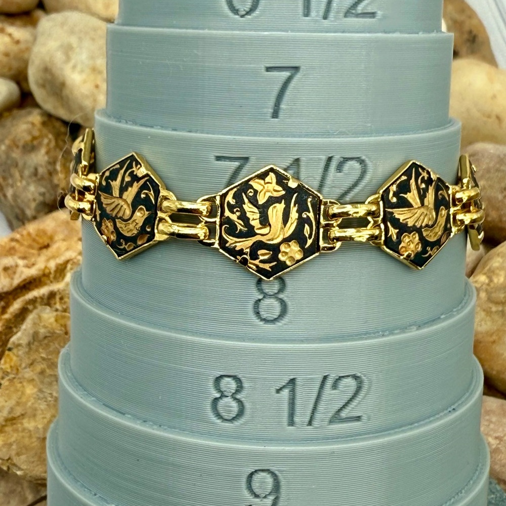 Vintage Toledo Damascene Spain Bird Floral Gold Black Bracelet 7.75”–8” - Picture 8 of 17